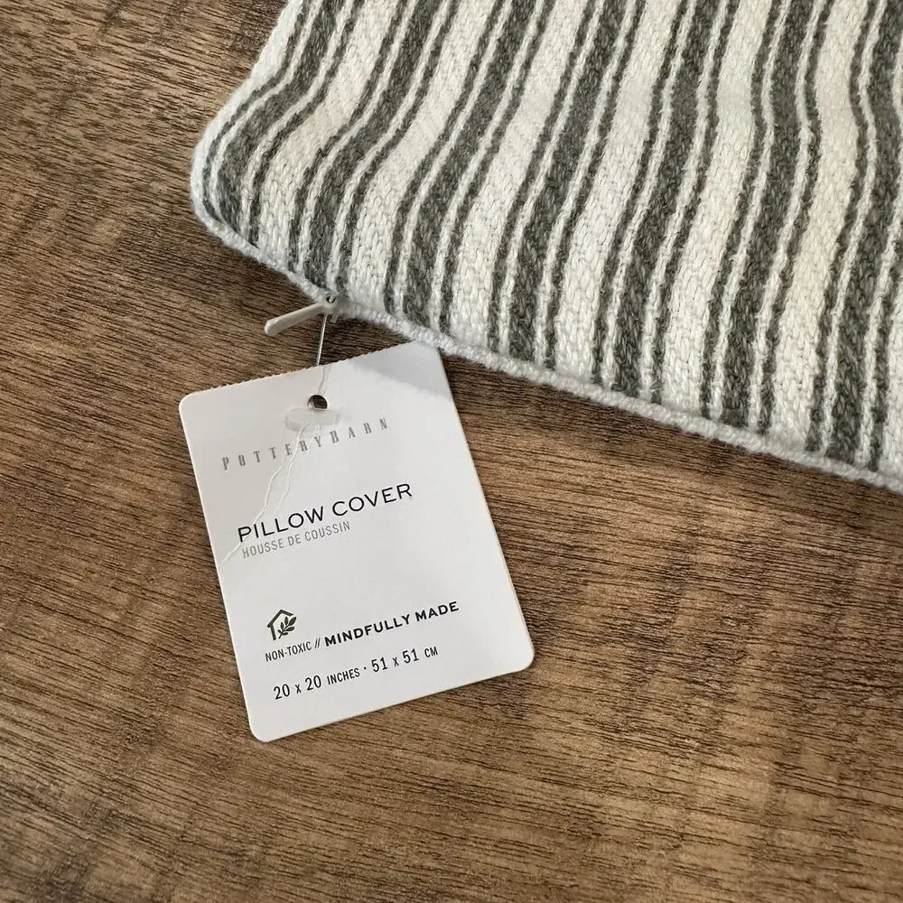 Pottery Barn Linen Throw Pillow Cover Square White Gray Striped Nautical 20 x 20